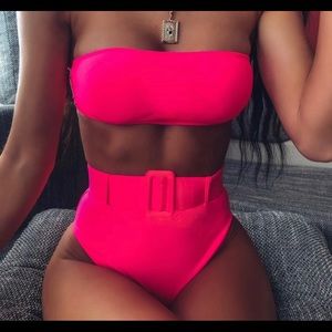 Neon Pink Belted Bandeau Bikini